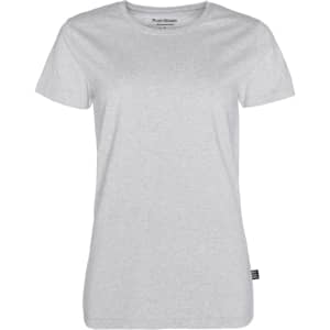 A women's grey T-shirt featuring a crew neckline and short sleeves, with a branded label on the side.