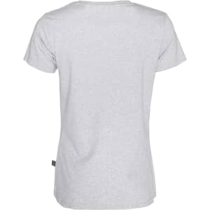 A grey women's T-shirt with a round neckline and short sleeves, featuring a small logo label on the side.