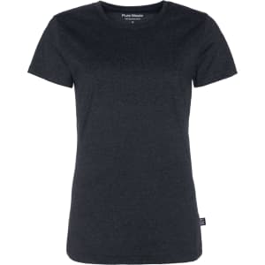 A black women's T-shirt with a crew neck and short sleeves, featuring a logo tag on the side.