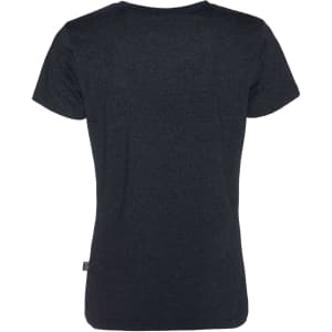 A women's t-shirt in dark grey with a fitted design and a branding label at the hem.