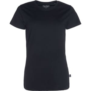 A black women's T-shirt with a fitted style and a logo on the label. Classic round neckline and short sleeves.