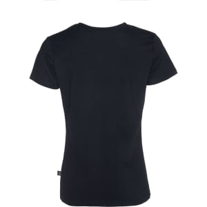A black women's T-shirt featuring a fitted design and short sleeves on a plain background. It has a branding label.