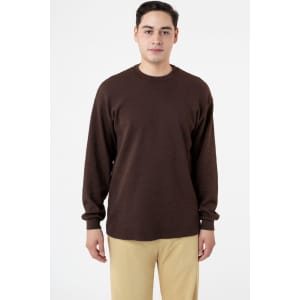 A brown heavy thermal crewneck jumper with long sleeves and a relaxed fit, featuring a logo.