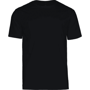 A black t-shirt with a plain back, featuring a logo at the neckline.