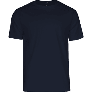 A navy blue men's t-shirt displayed on a plain background, featuring a simple design and a small logo.