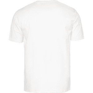 A plain white t-shirt with a traditional crew neck and short sleeves, featuring a logo on the back.