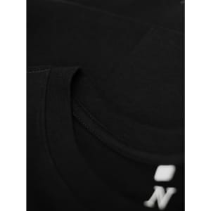 A black T-shirt featuring a rounded neckline and a logo on the hem. The fabric appears soft and smooth.