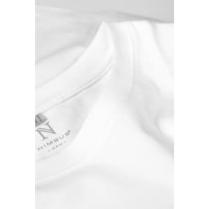 A white T-shirt featuring a rounded neckline and a logo on the inner label.