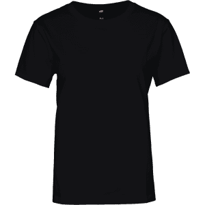 A black women's t-shirt with short sleeves and a crew neckline, featuring a branding logo.