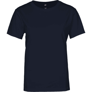 A navy T-shirt for women, featuring a classic crew neck and short sleeves, with a logo on the label.