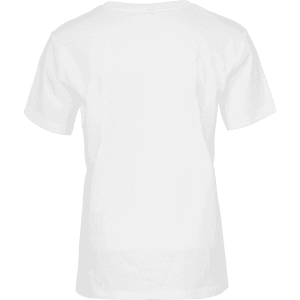 A white women's t-shirt featuring a classic crew neck and short sleeves, with a branded logo on the back.