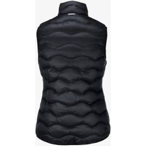 A black sleeveless vest with a quilted texture and a collar, featuring a logo on the back.