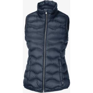 Navy blue puffer vest featuring a high collar and zip closure, with a branding logo on one side.
