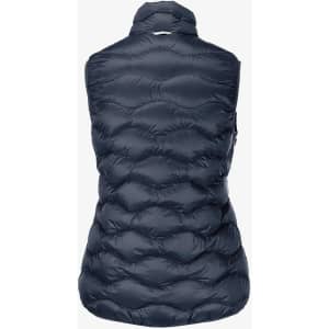 A puffy navy vest with a quilted design and no sleeves, featuring a collar and a logo.