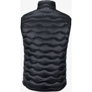 A black puffy vest with a quilted pattern and no sleeves, featuring a collar and a logo.