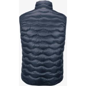 A navy puffer vest with a textured pattern and a high collar, featuring a logo on the back.