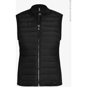 A black women's vest with a zip front and a puffy texture, made from recycled polyester. It features a logo on the side.
