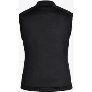 A black sleeveless vest with a high collar and a sleek design. It features an embossed logo on the back.