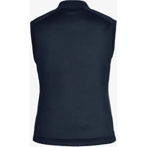 A sleeveless women's vest in navy blue with a fitted design and a collar, featuring a logo on the back.