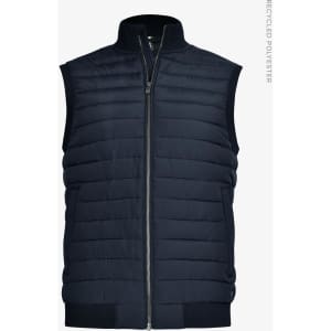 A navy blue, sleeveless quilted vest made from recycled polyester, featuring a front zipper and a simple design.