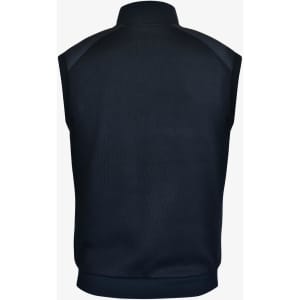 A navy blue sleeveless vest with a high collar and a smooth fabric finish, featuring a logo on the back.