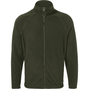 A green polar fleece jacket with a zip-up front and high collar, featuring a logo on the hem.