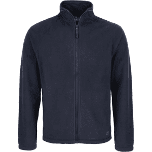 A navy blue fleece jacket with a zip front and a subtle logo on the side.