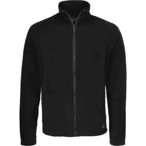 A black fleece jacket with a zip front and a logo on the hem. Suitable for casual wear or layering.