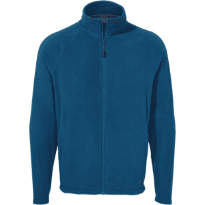 A blue polar fleece jacket with a high collar and zip closure, featuring long sleeves. The jacket has a logo.