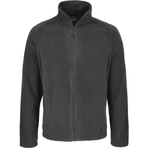 A grey fleece jacket with a zip front and high collar. The jacket features a logo on the lower side.