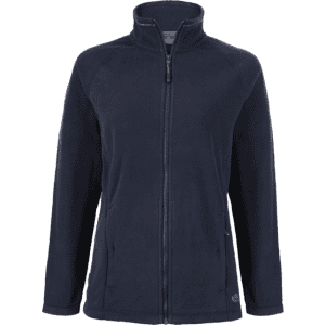 A navy blue fleece jacket with a zip front and side pockets, featuring branding on the lower side.