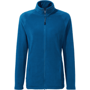 A women's polar fleece jacket in vibrant blue with a zip front and zippered side pockets. Features a logo.