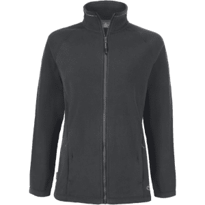 A polar fleece jacket in a dark grey colour with a zip front and side pockets, featuring a logo.