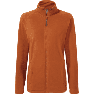 An orange women's fleece jacket with a high collar and zip closure. The jacket has a logo on it.