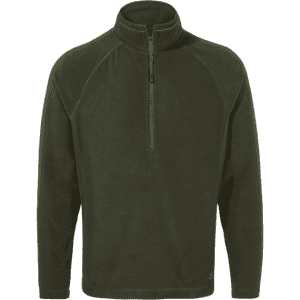 A green fleece half-zip jumper with long sleeves and a front zipper. It features a logo on the garment.