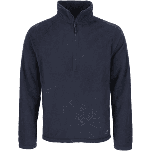 A navy fleece half zip jumper featuring a high collar and a subtle logo. Ideal for workwear.