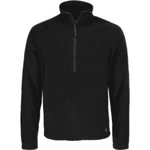 A black fleece half zip jumper, featuring long sleeves and a zippered collar. Includes a branding logo.