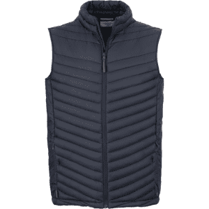 A navy thermal vest designed with a zip front and chevron quilted pattern, featuring a collar and branding.