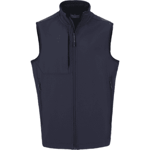 A navy blue softshell vest with a full zip and side pockets, featuring a logo on the front.