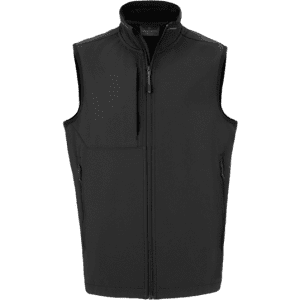 A black softshell vest with a front zip, two side pockets, and a chest pocket. Features a logo.