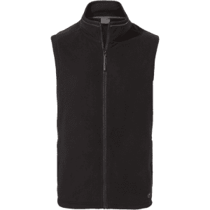 A black fleece vest featuring a high neck and a front zipper, with a logo on the lower side.