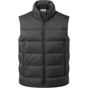 A black padded vest with a high collar, featuring front zip and side pockets. It has a logo on the chest.