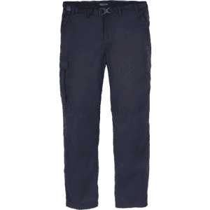 Navy tailored trousers with multiple pockets and a fitted waistband, featuring a logo. Suitable for workwear.