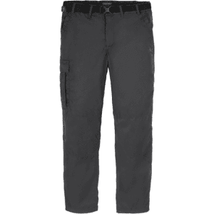 Dark grey tailored trousers featuring a side pocket and a waistband, designed for workwear. Includes a logo.