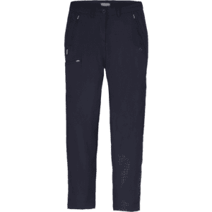 Navy women's trousers featuring multiple pockets and a logo, designed for comfort and stretch.