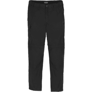 Black convertible cargo trousers with a tailored fit, featuring pockets and a button closure.
