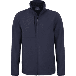 A navy Basecamp Softshell Jacket with a zippered front and a collar, featuring a tone-on-tone logo.