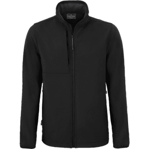 A black softshell jacket featuring a full zip and a front pocket, with a subtle logo on the chest.