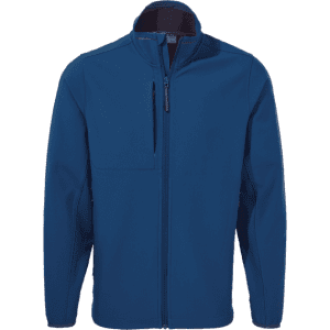A blue softshell jacket featuring a zippered front and a chest pocket, also includes a logo.