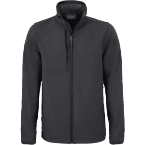 A black softshell jacket with a zip front and a high collar, featuring a logo on the chest.